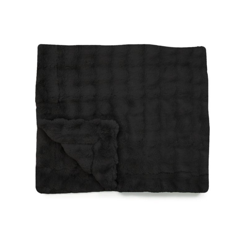 Black Sand Faux Fur Weighted Blanket Flatlay by Lola Blankets