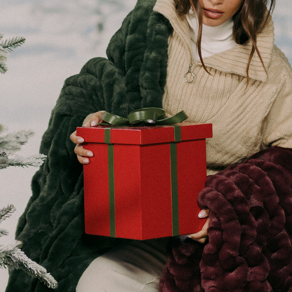 Person holding a red gift box with a green ribbon in a snowy outdoor setting
