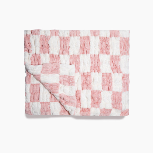 Morgan Pressel Pink Check Faux Fur Blanket Flatlay with Lola Blanket