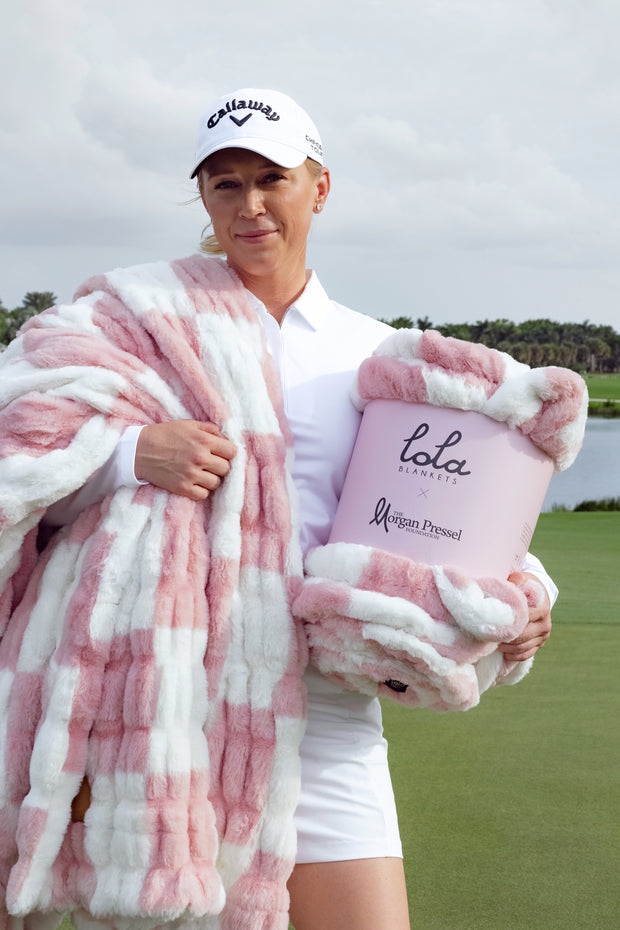 Morgan Pressel Pink Check Faux Fur Blanket with Lola Blanket