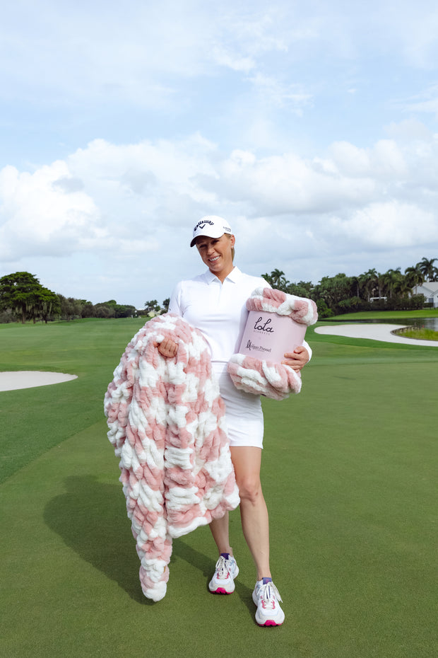 Morgan Pressel Pink Check Faux Fur Blanket with Lola Blanket