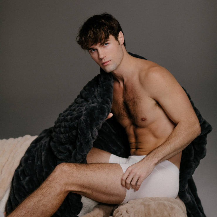 Charcoal Grey Faux Fur Blanket with Male Model