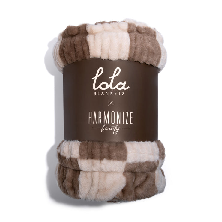 Harmony Beus Mocha Check Faux Fur Blanket Wrap by Lola Blankets